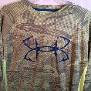 Under Armour Green Camo Long Sleeve Heat Resist Shirt with Blue Emblem